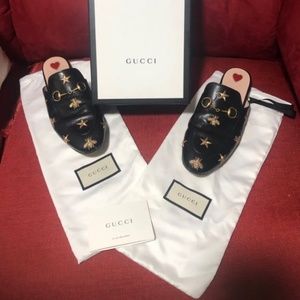Gucci Gold Star Princetown Bee Horsebit Mules Slides EU 38.5
